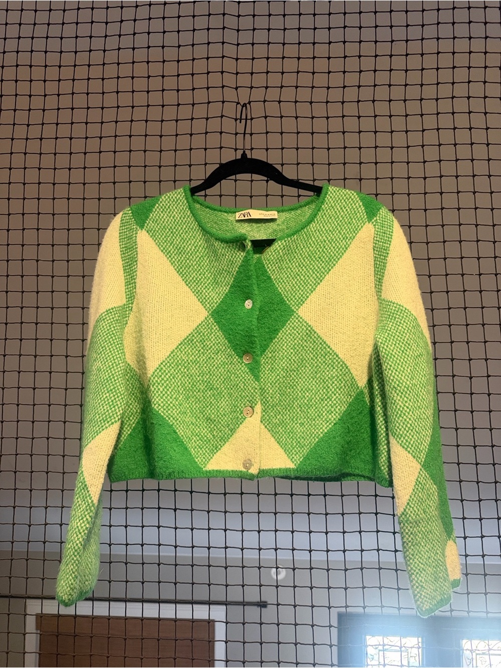 Zara Green and Cream Argyle Cropped Cardigan